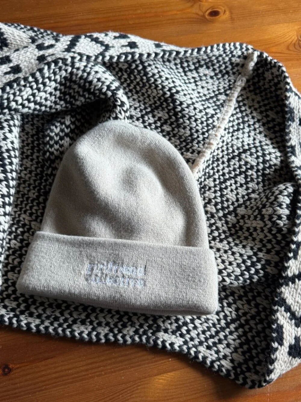Girlfriend Collective Tan Beanie and Lucky Brand Black/Cream Infinity Scarf